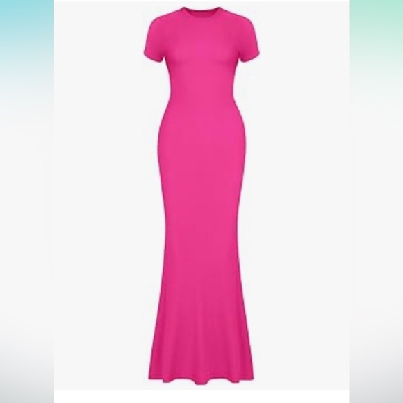 NWT REORIA rose red Long Dress Elegant Short Sleeve Crew Neck Bodycon Maxi Dress - Picture 6 of 7